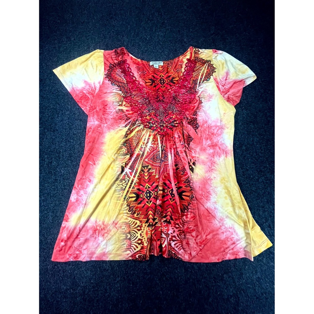 One World Live and Let Live Tunic Top Women's 1X Red Yellow Embellished Boho